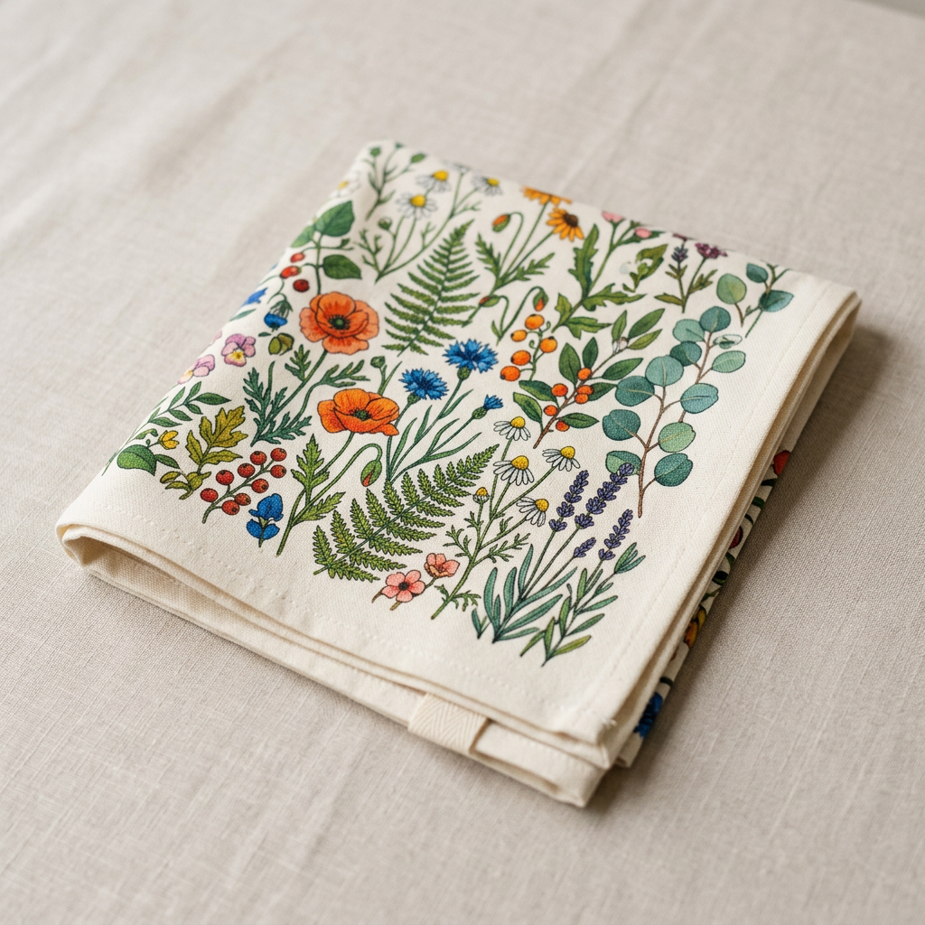 White cotton tea towel digitally printed with a full colour design