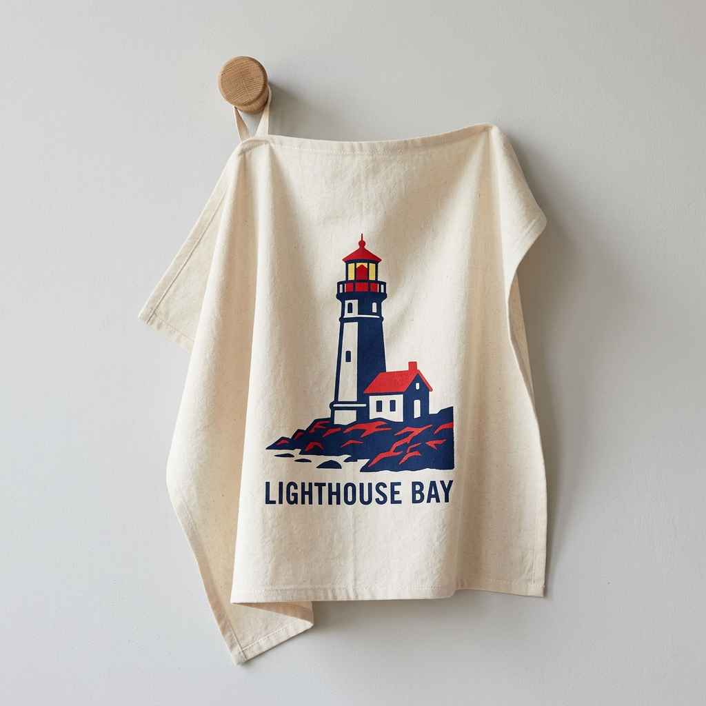 Cream cotton tea towel screen printed with a two colour illustration