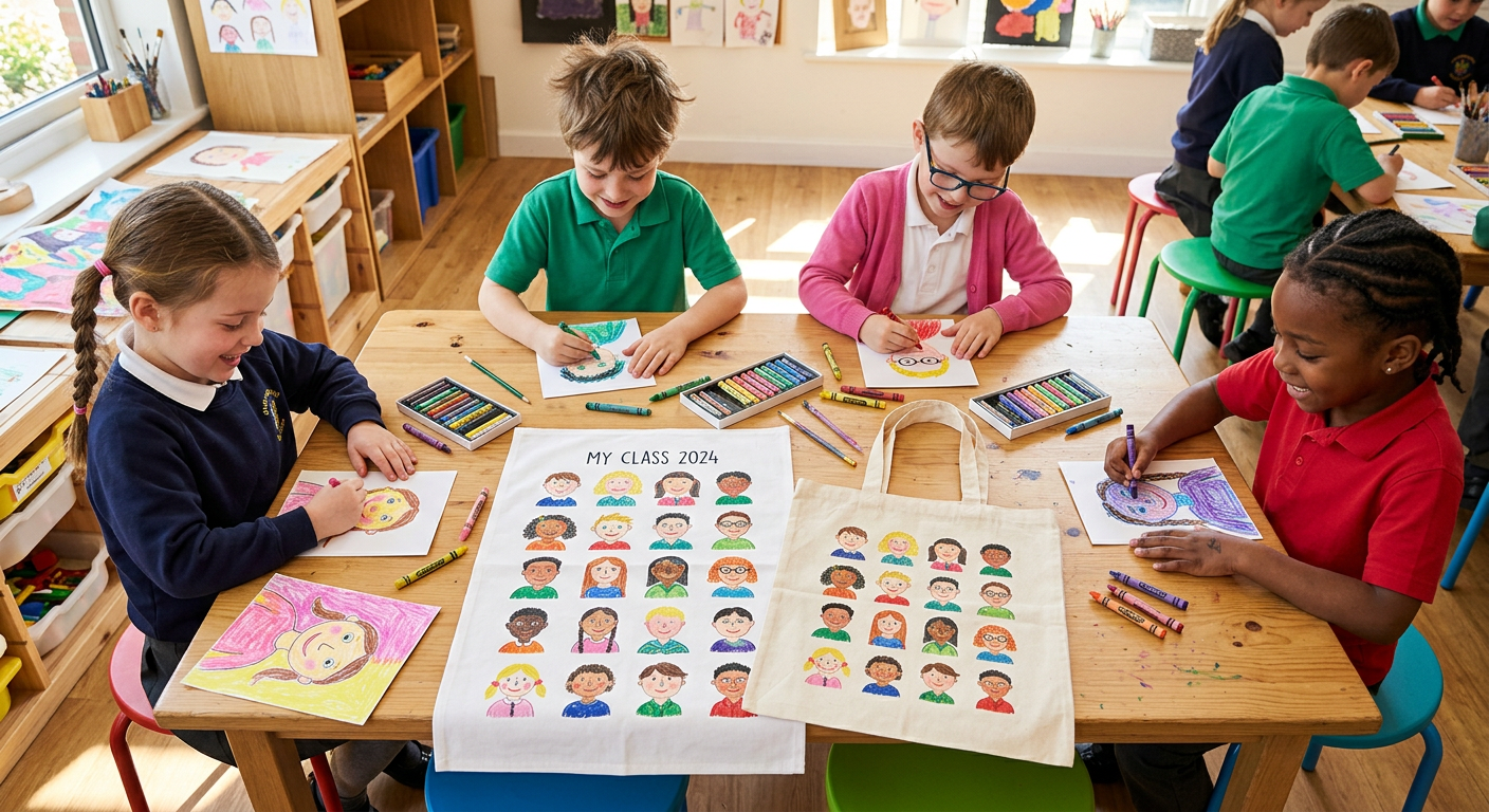 Children drawing self-portraits at a classroom table beside a finished printed tea towel and tote bag
