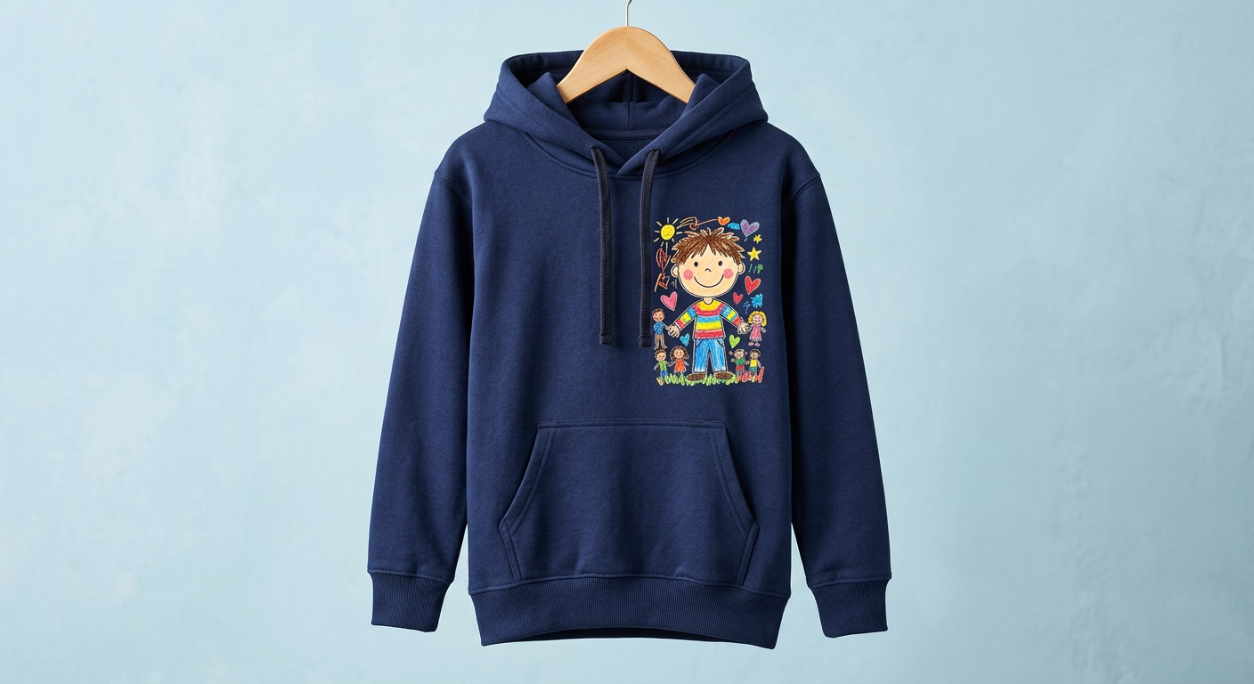 Navy kids hoodie with a hand-drawn self-portrait printed on the chest