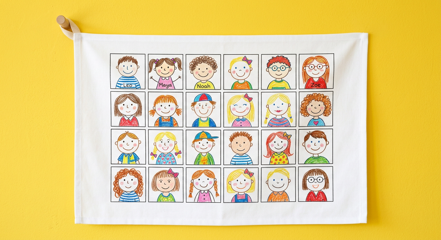 White cotton tea towel printed with a grid of children’s self-portraits