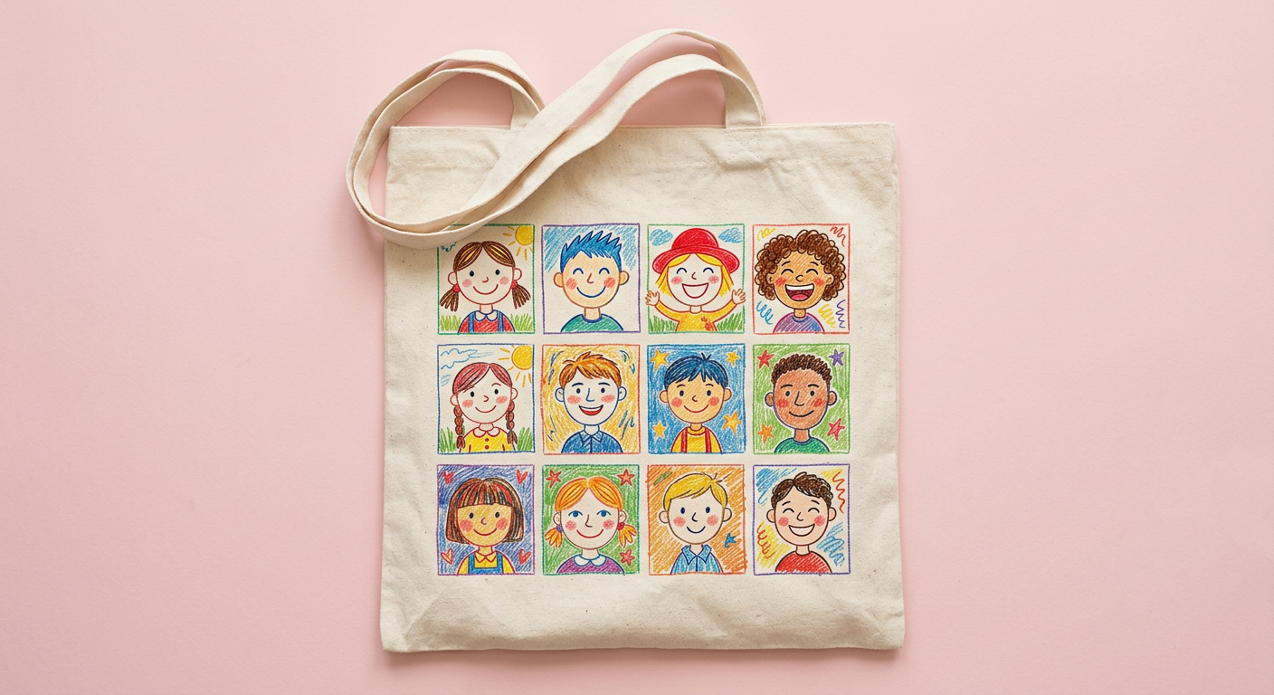 Cotton tote bag printed with a grid of children’s self-portraits